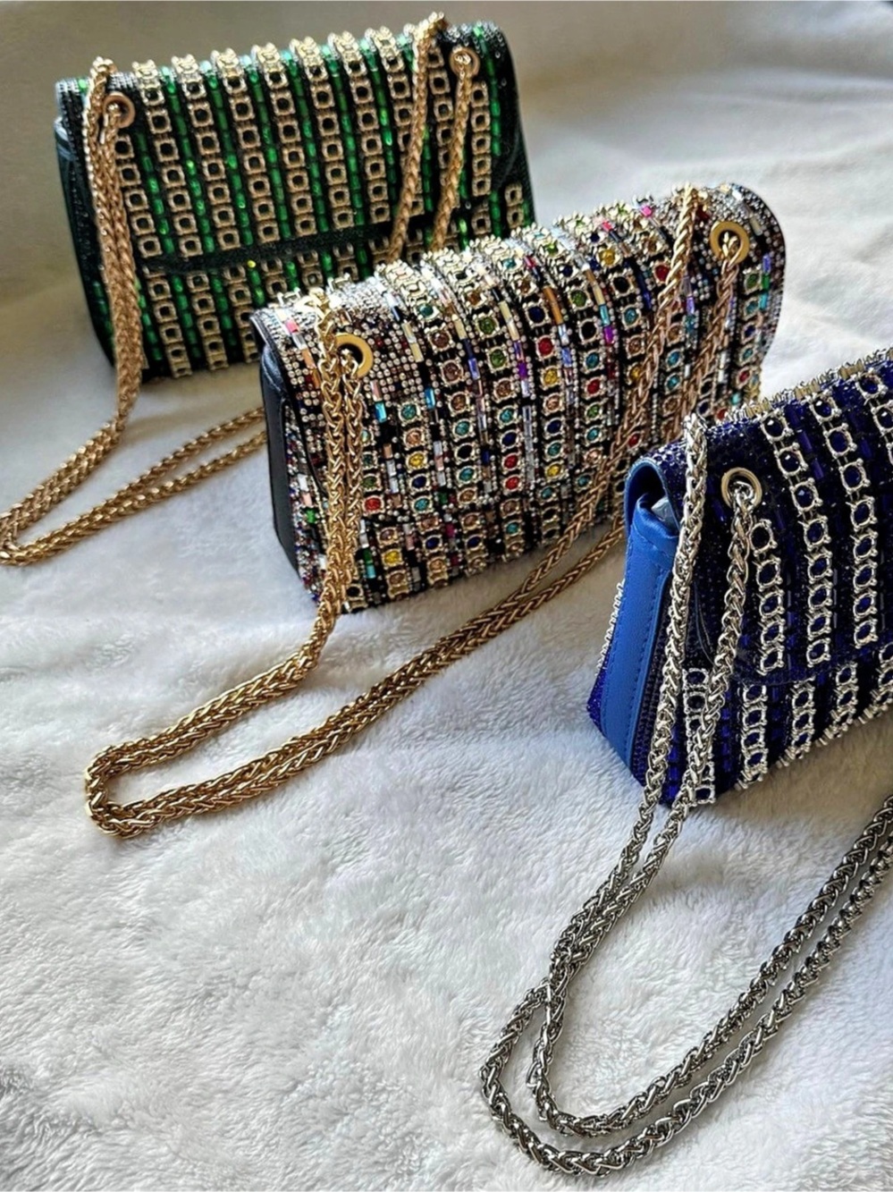 BUNDLE OF 3 - Beaded Chain Strap Crossbody Bags in Blue, Multicolor & Green